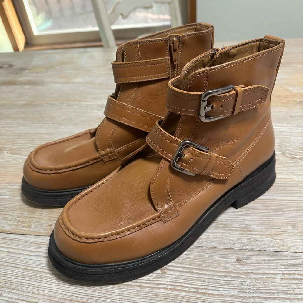 Free People Brown Double-Buckle Isla Moto Ankle Boots Leather Sz 10 - Picture 6 of 13